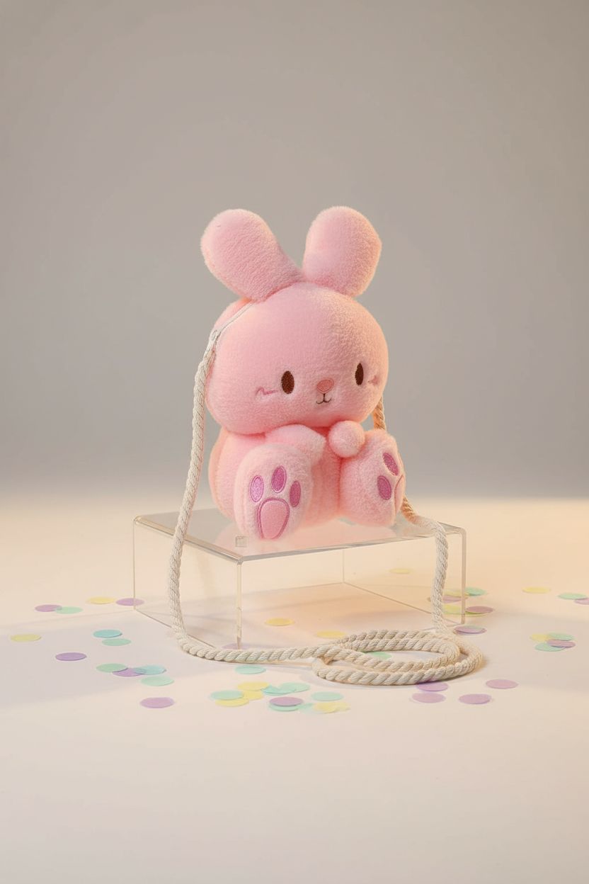 Sunch Craft plush pink bunny crossbody bag displayed on a clear acrylic riser with festive decor