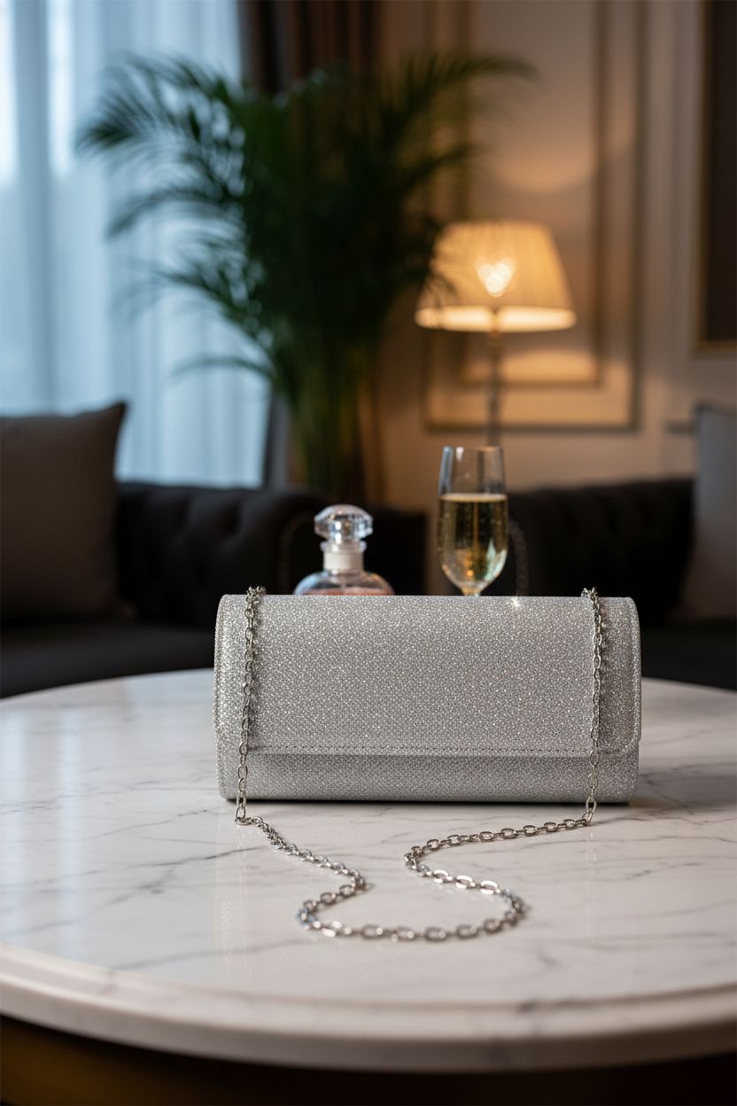 Luxury lovyoCoCo evening bag clutch resting on marble table with champagne and perfume.
