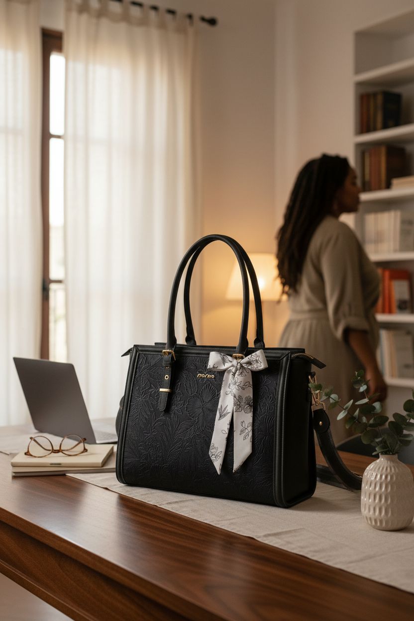 Elegant MOSISO embossed bag on a desk with greenery, perfect for home study or office use.