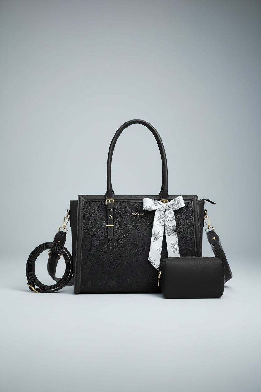 MOSISO embossed black tote bag with a stylish scarf and clutch purse, showcasing quality design.
