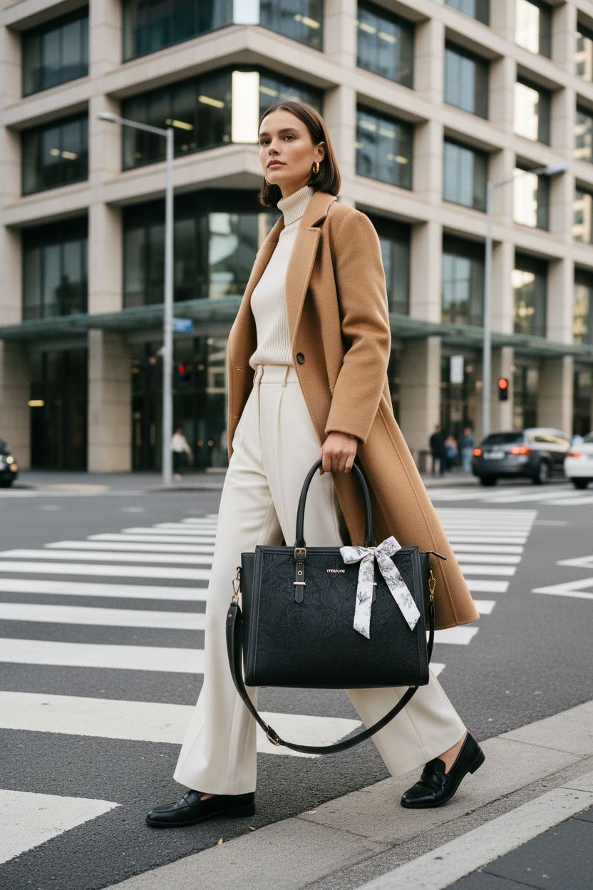 MOSISO embossed tote bag in black with silk scarf, perfect for stylish morning commutes.