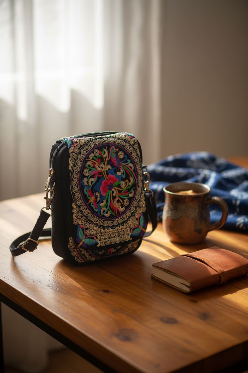 BigBigMe embroidered bag in a cozy home setting, highlighting its artisanal charm
