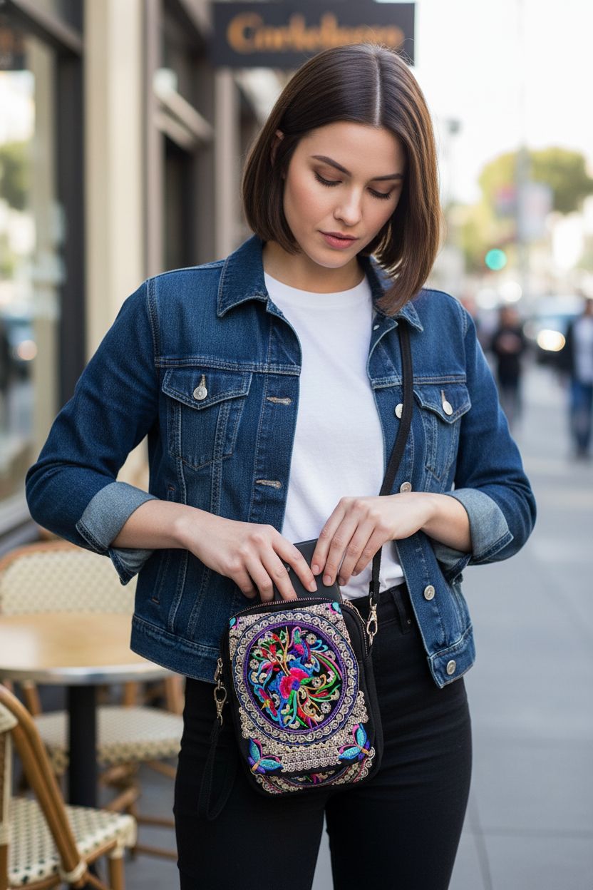 BigBigMe multicolor embroidered bag with denim jacket, perfect for casual outings