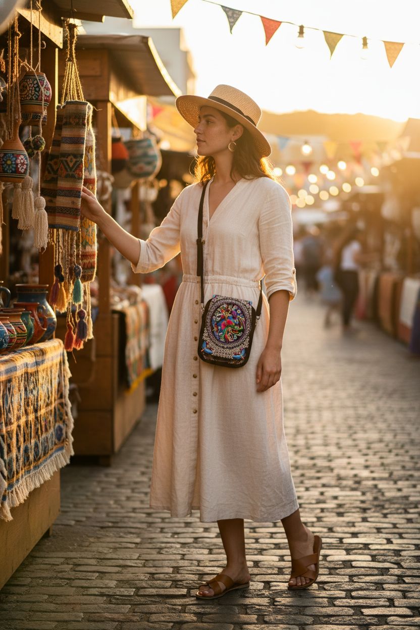 BigBigMe ethnic embroidered bag showcased at a vibrant artisan market
