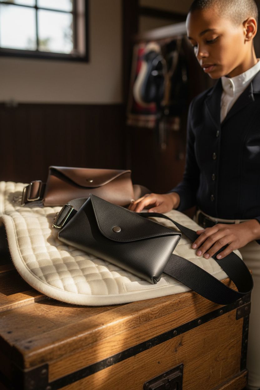 Vinsatin equestrian purse on a saddle pad in a cozy tack room, highlighting craftsmanship