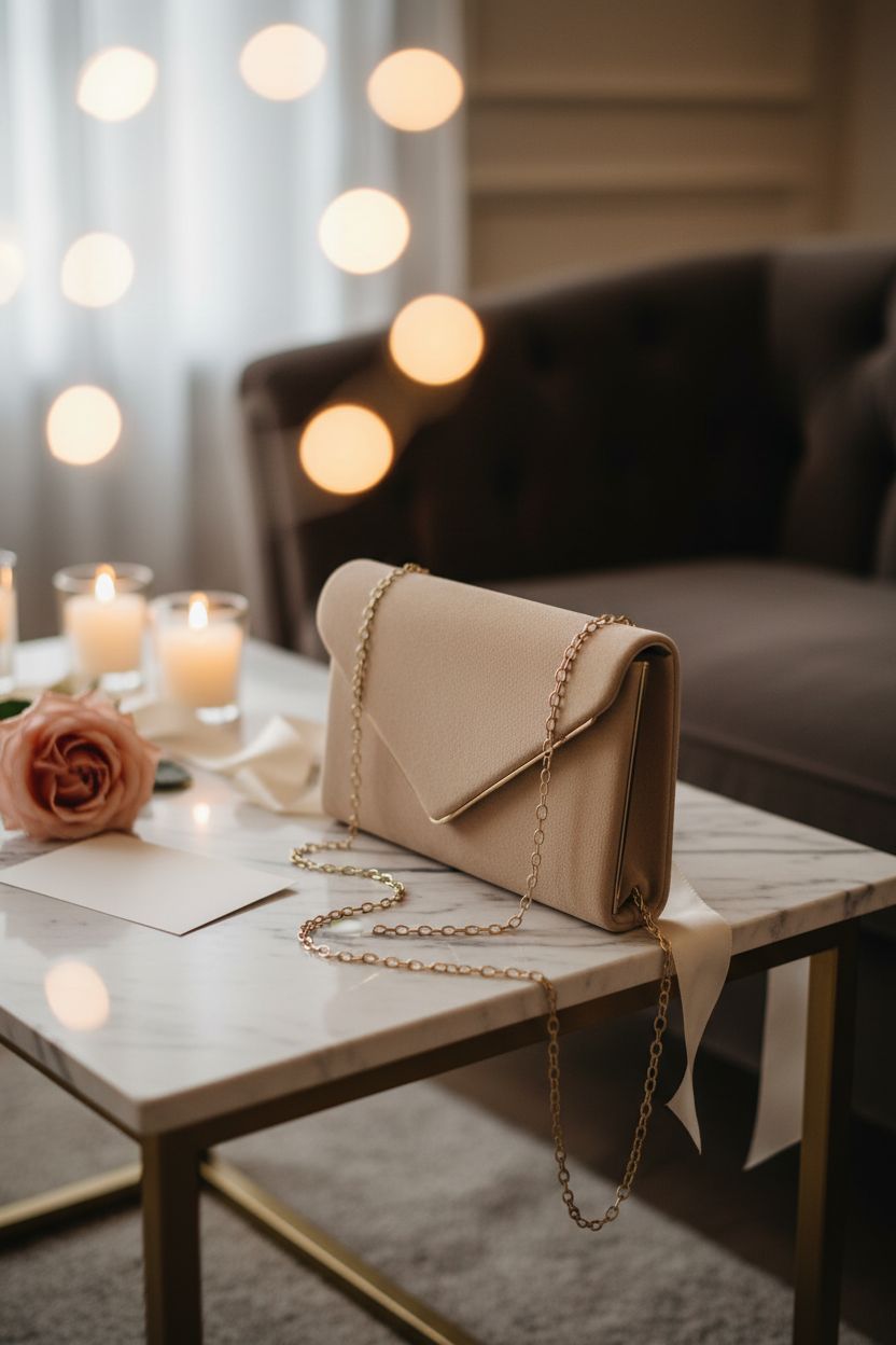 BBjinronjy evening bag displayed elegantly on a marble table, perfect for weddings