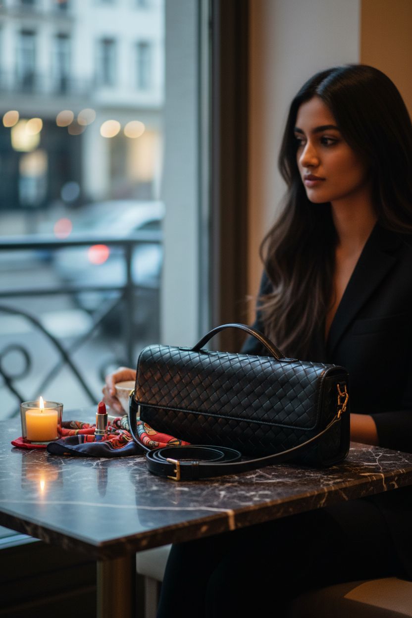 ZOZIGO handmade leather evening bag beside a candle in a stylish hotel lounge.