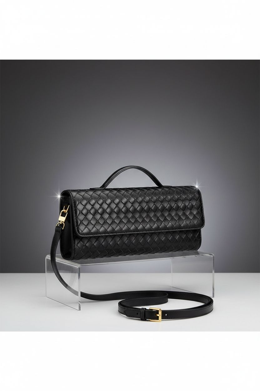 ZOZIGO black woven clutch purse on display, highlighting its sleek design.