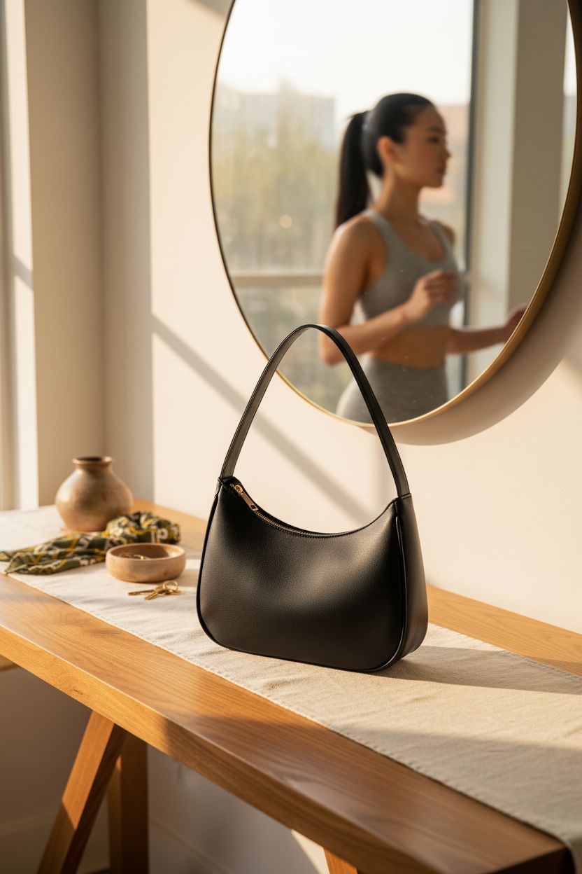 CYHTWSDJ shoulder bag on oak console with morning light, ideal for stylish organization.