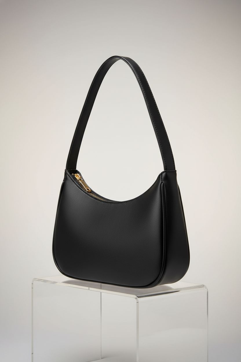 CYHTWSDJ black clutch purse on acrylic riser, showcasing sleek design and quality materials.