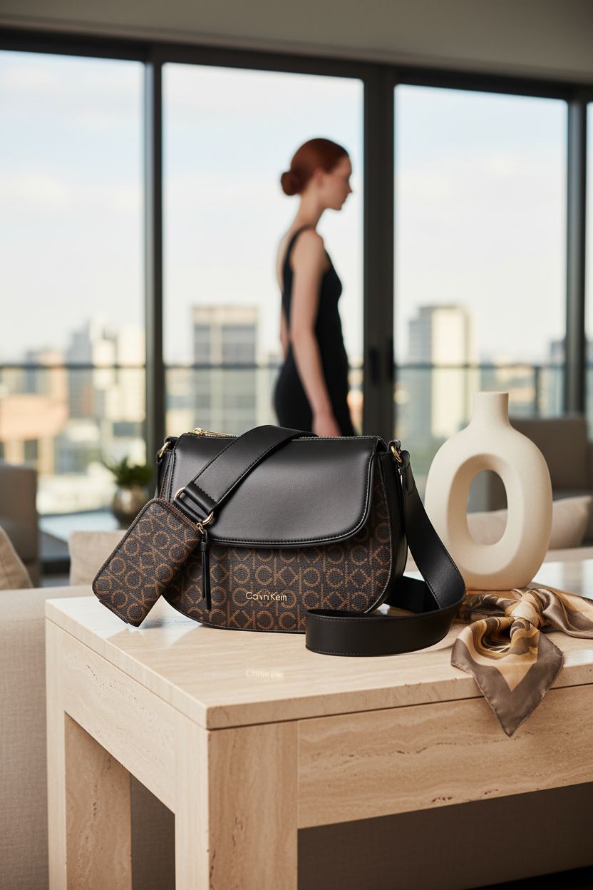 Calvin Klein Bella Novelty Crossbody bag elegantly placed in a stylish living room, enhancing luxury decor.