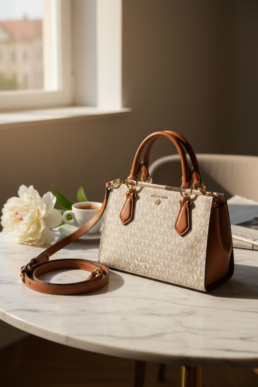 Michael Kors Marilyn Small Crossbody Bag in a serene café setting with espresso and a peony flower