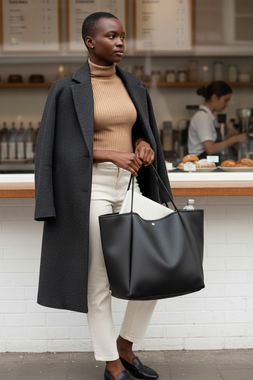 HOXIS black tote bag perfect for work, featuring laptop sleeve and water bottle.