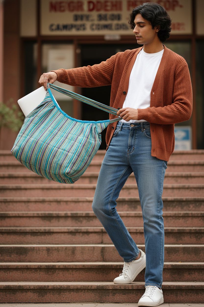 Blue striped tote bag by Tribe Azure Fair Trade, perfect for school and travel, showcasing laptop and notebook.