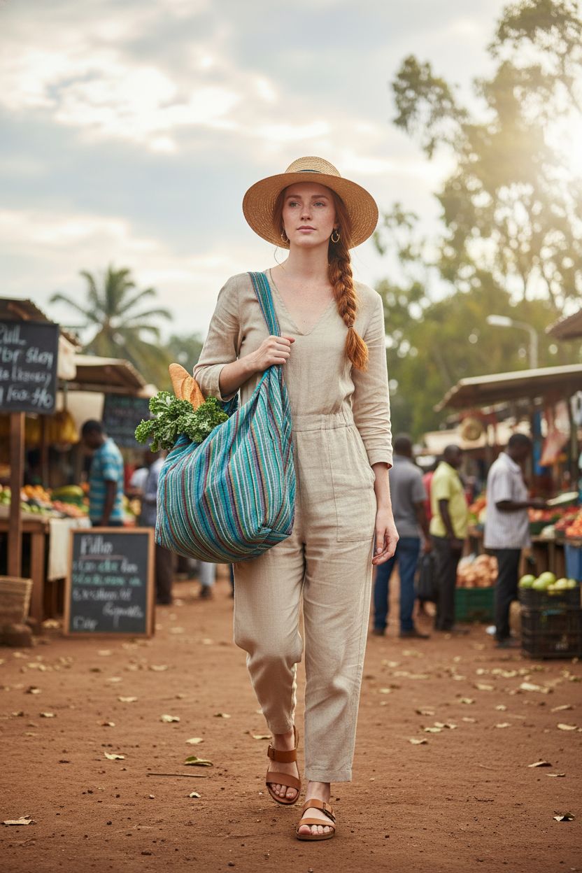Blue striped tote shoulder bag by Tribe Azure Fair Trade, ideal for market trips, with fresh groceries peeking out.