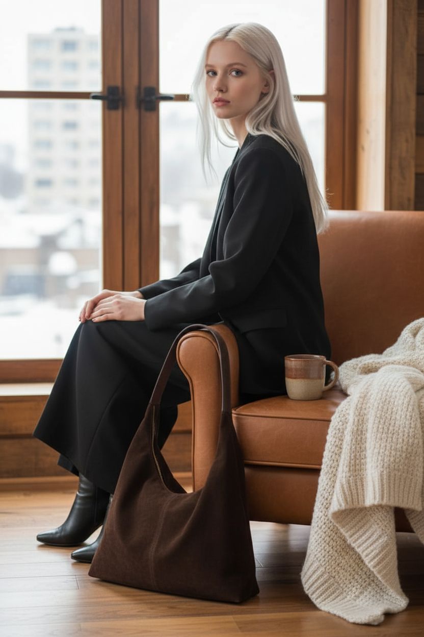 Warm autumn scene featuring AISIWAN hobo bag beside a cozy chair and mug, perfect for winter comfort.