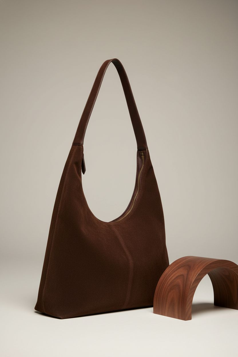 AISIWAN deep chocolate suede hobo bag displayed in a studio, highlighting its elegant design and texture.
