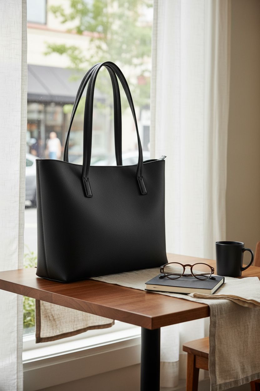 KALIDI black faux leather tote bag elegantly displayed in a cozy café setting.