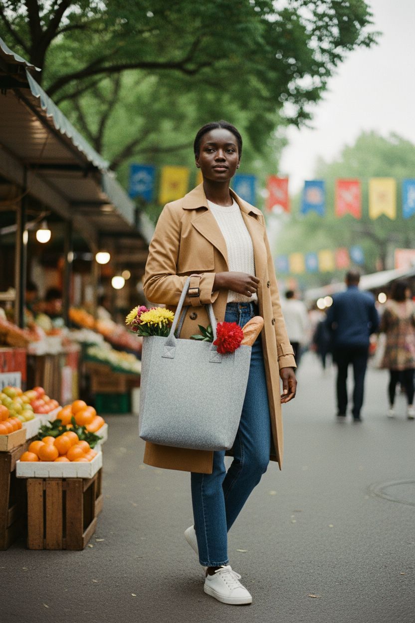 TopTie gray felt tote bag carrying flowers and baguette in weekend market