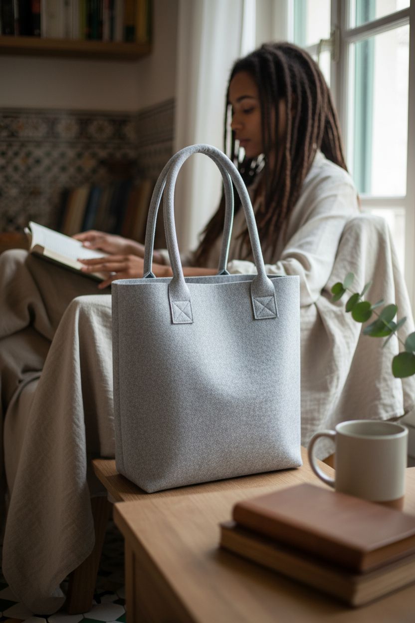 TopTie felted tote bag in a cozy reading nook, adding a natural touch to the serene setting.