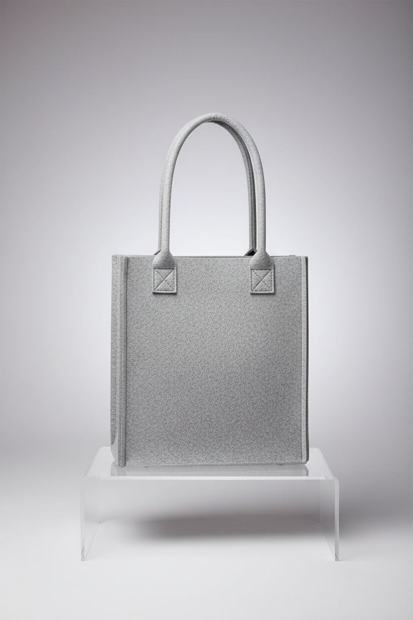 TopTie felt tote bag on a matte white riser, highlighting its quality and design against a gray backdrop.