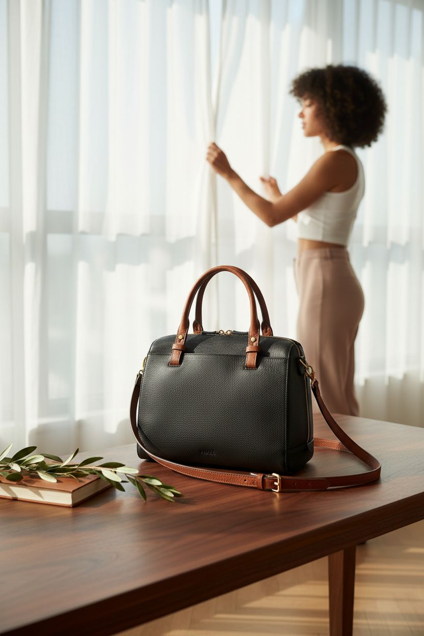 Fossil Women's Rachel Leather Satchel in black, beautifully placed in a sunlit apartment, highlighting its luxurious leather texture.