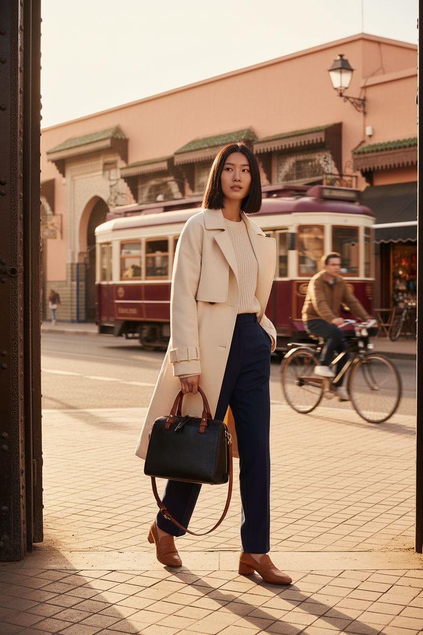 Fossil Women's Rachel Leather Satchel in black, styled against a boutique-lined sidewalk, showcasing its elegant design.