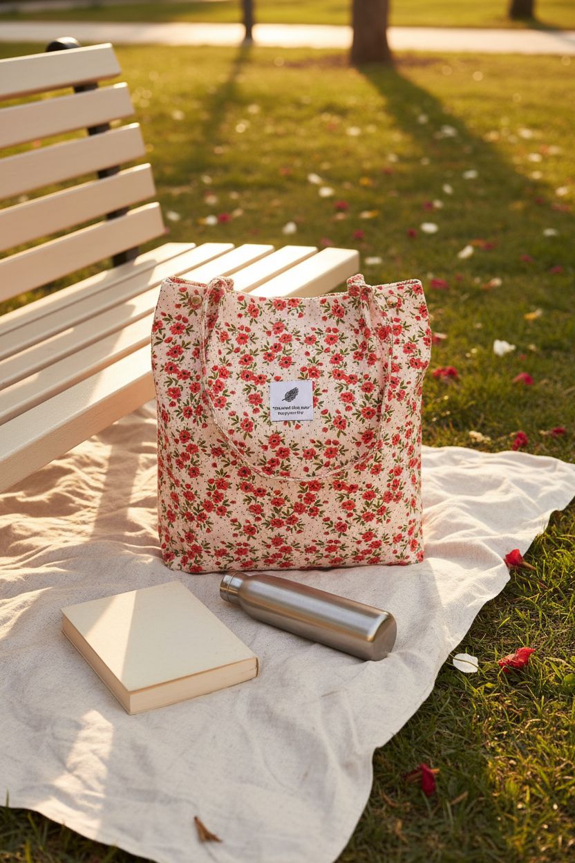 Floral corduroy tote bag by Ayieyill on a blanket in a sunlit park setting.