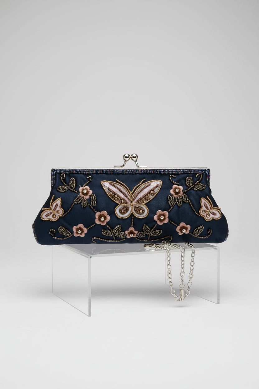 Close-up of Lapulio Navy Blue Floral Beaded Evening Bag showcasing intricate details.