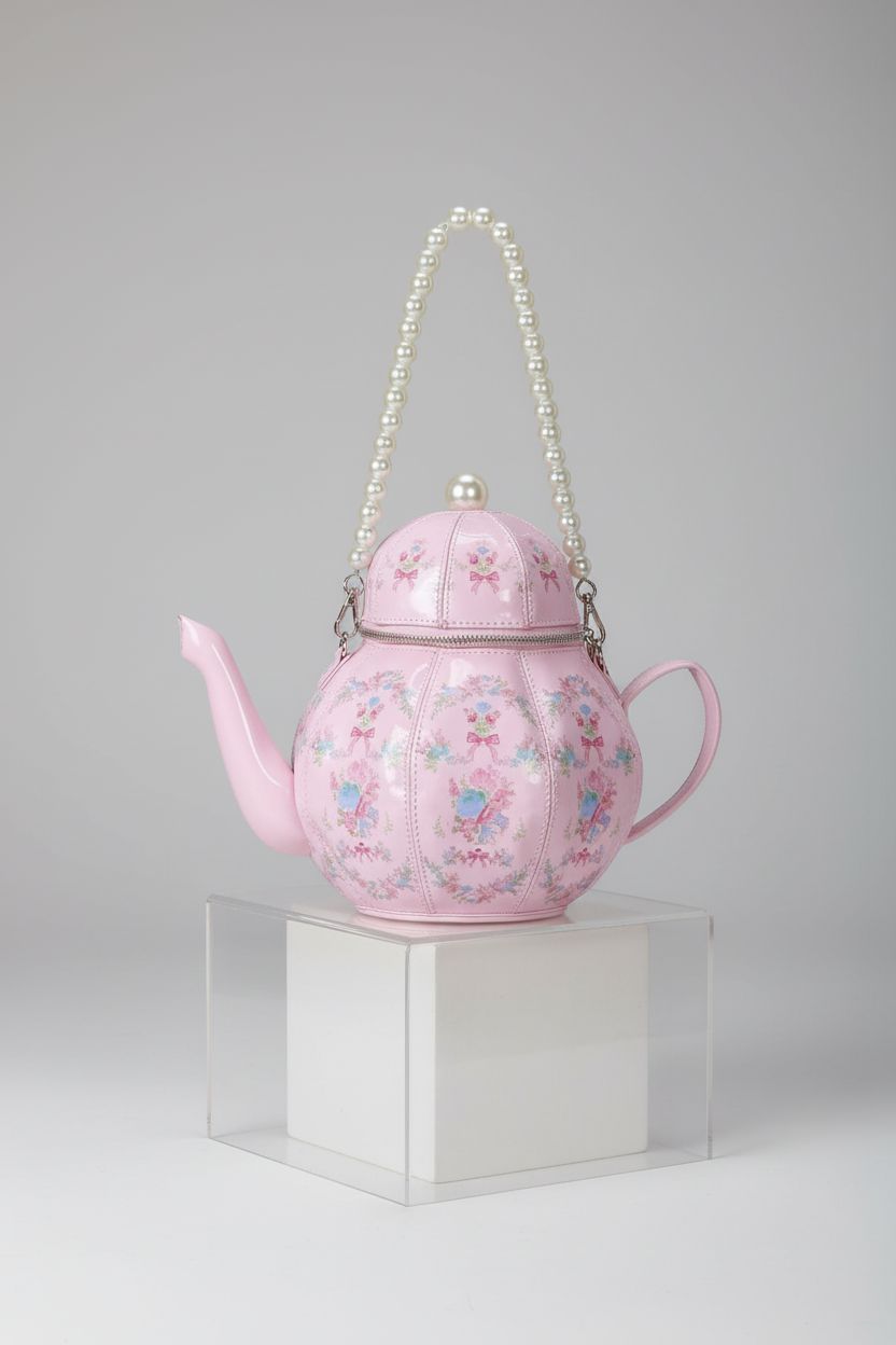 ZGRJSZDD PU leather floral teapot bag showcased in studio, emphasizing its design and craftsmanship.