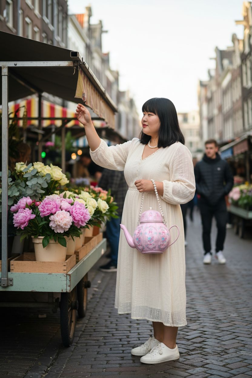 ZGRJSZDD pink floral teapot purse in a flower market, showcasing its unique style and pearl chain.