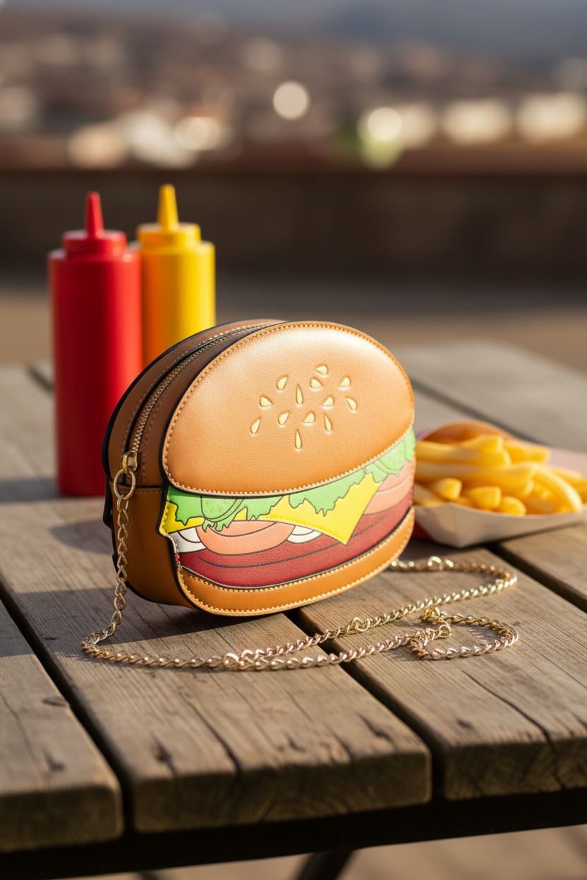 Ximimark hamburger purse placed on a picnic table surrounded by fries and condiment caddies.