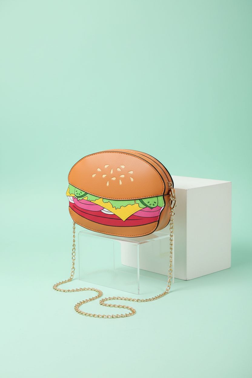 Ximimark hamburger bag displayed on a pastel-mint backdrop highlighting its craftsmanship.