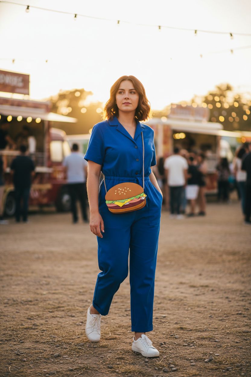 Ximimark hamburger crossbody purse pops against a cobalt-blue romper in a vibrant food-truck park.