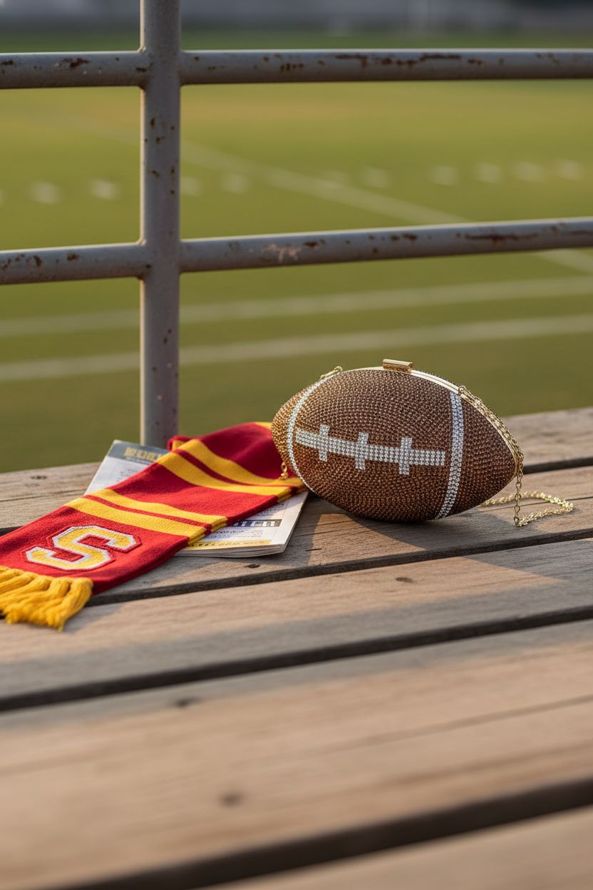 LADIHAB football clutch resting on bleachers beside a varsity scarf, evoking game day vibes.