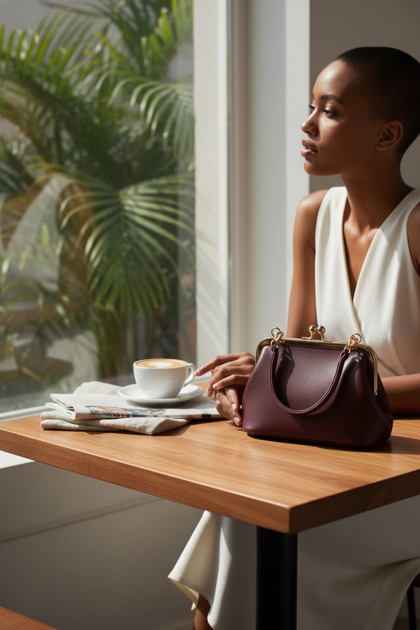 CATSEA Handbag resting on a walnut table beside a cappuccino in a sunny café setting.