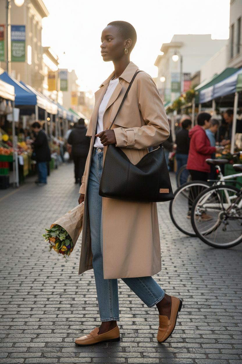 Black full-grain leather dumpling bag by DONNAIN, stylishly worn crossbody at a market.