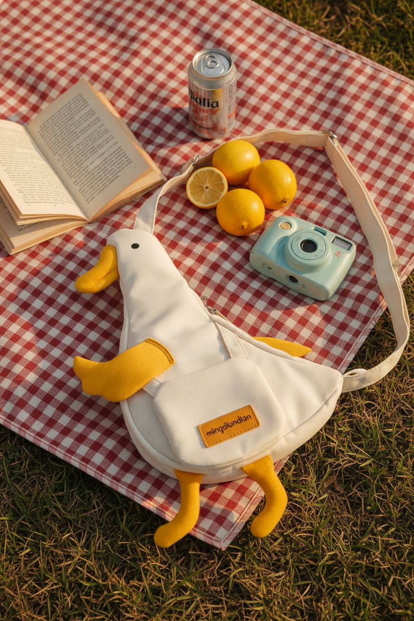 Opexicos duck-shaped bag on a picnic blanket, showcasing its playful design and practicality.