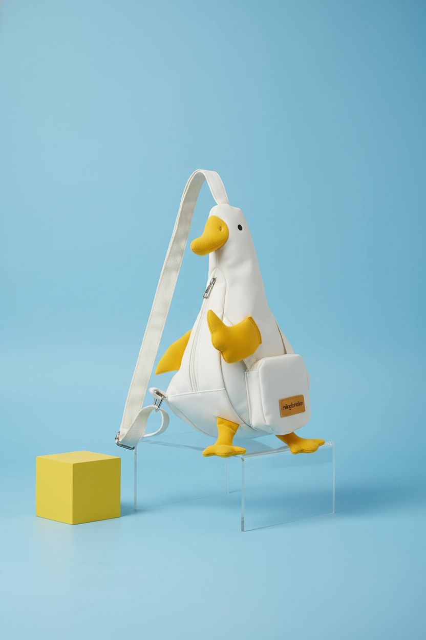 Opexicos duck-shaped crossbody bag highlighted against a blue background, emphasizing its design.