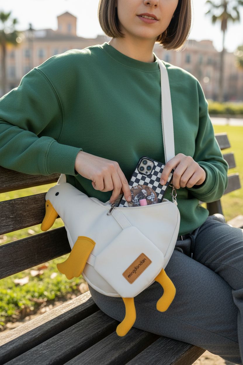 Opexicos duck-shaped crossbody bag in yellow accents, perfect for casual outings.