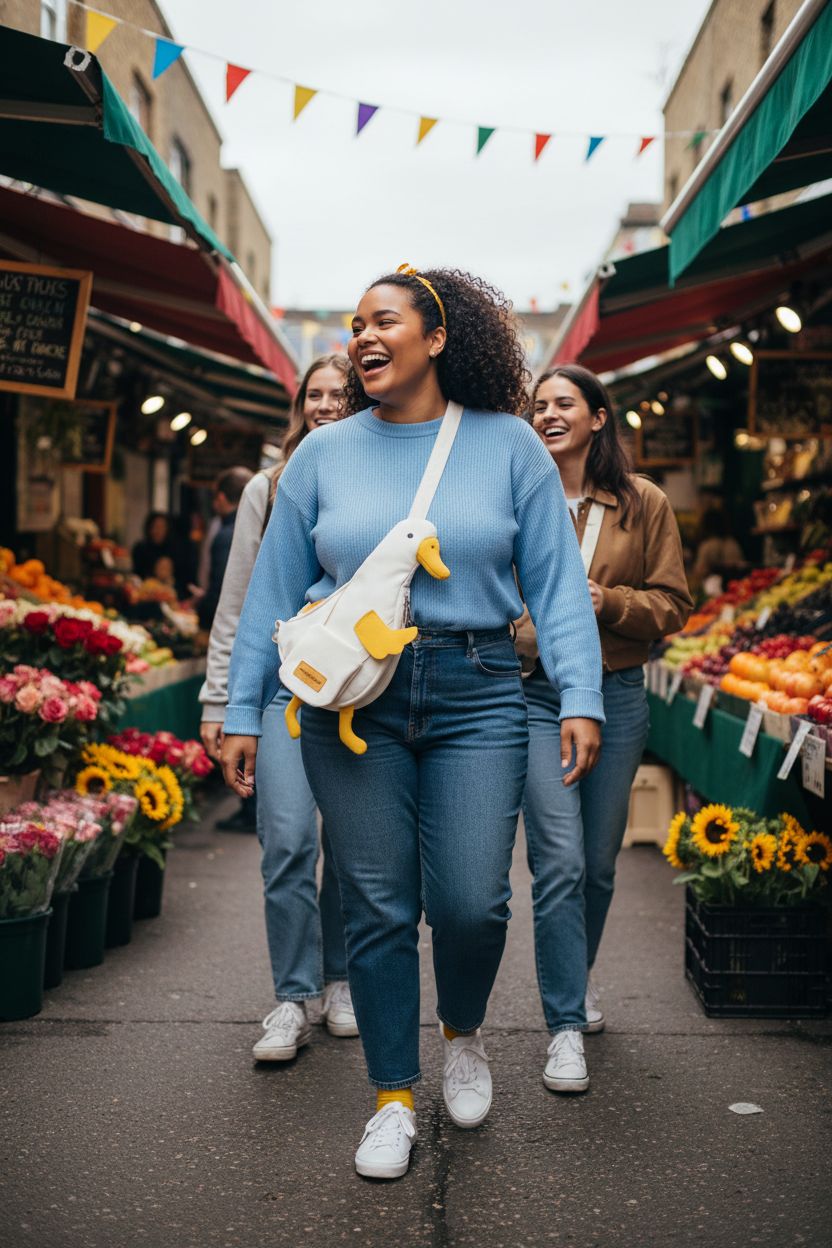 Opexicos duck sling bag worn at a market, adding fun to any outfit with vibrant colors.
