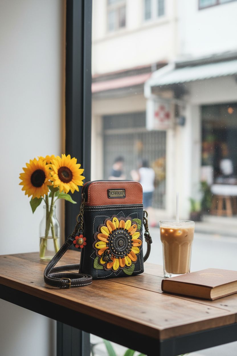 CHALA navy crossbody purse beside sunflowers and iced latte in cozy café setting.