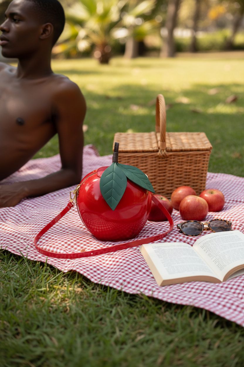 Apple-shaped bag by wfljl in a sunny picnic setting, surrounded by apples and a relaxed atmosphere.