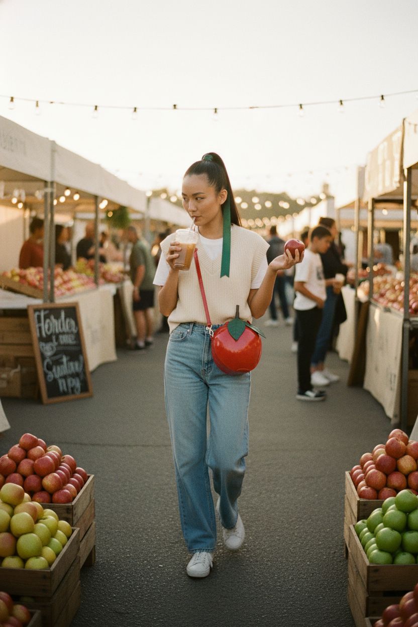 Apple-shaped shoulder handbag by wfljl at a farmers' market, showcasing its fun design and PU leather material.