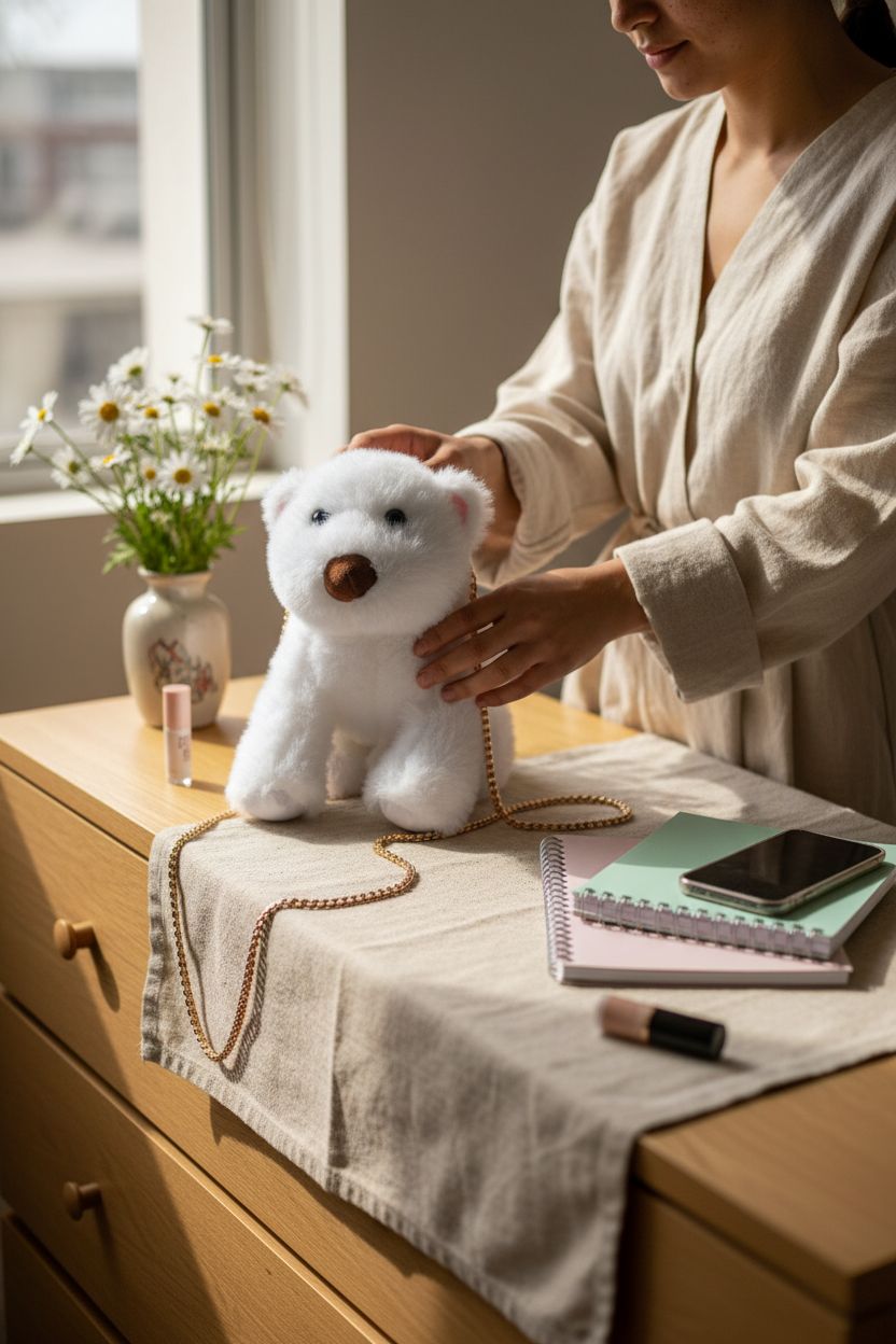 Cozy setting with the Ueeksry plush dog bag on a dresser, surrounded by flowers and notebooks.