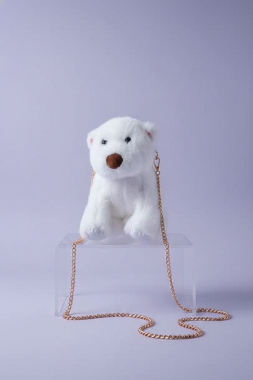 Product shot of the Ueeksry plush dog bag on a lilac background, highlighting its detailed craftsmanship.