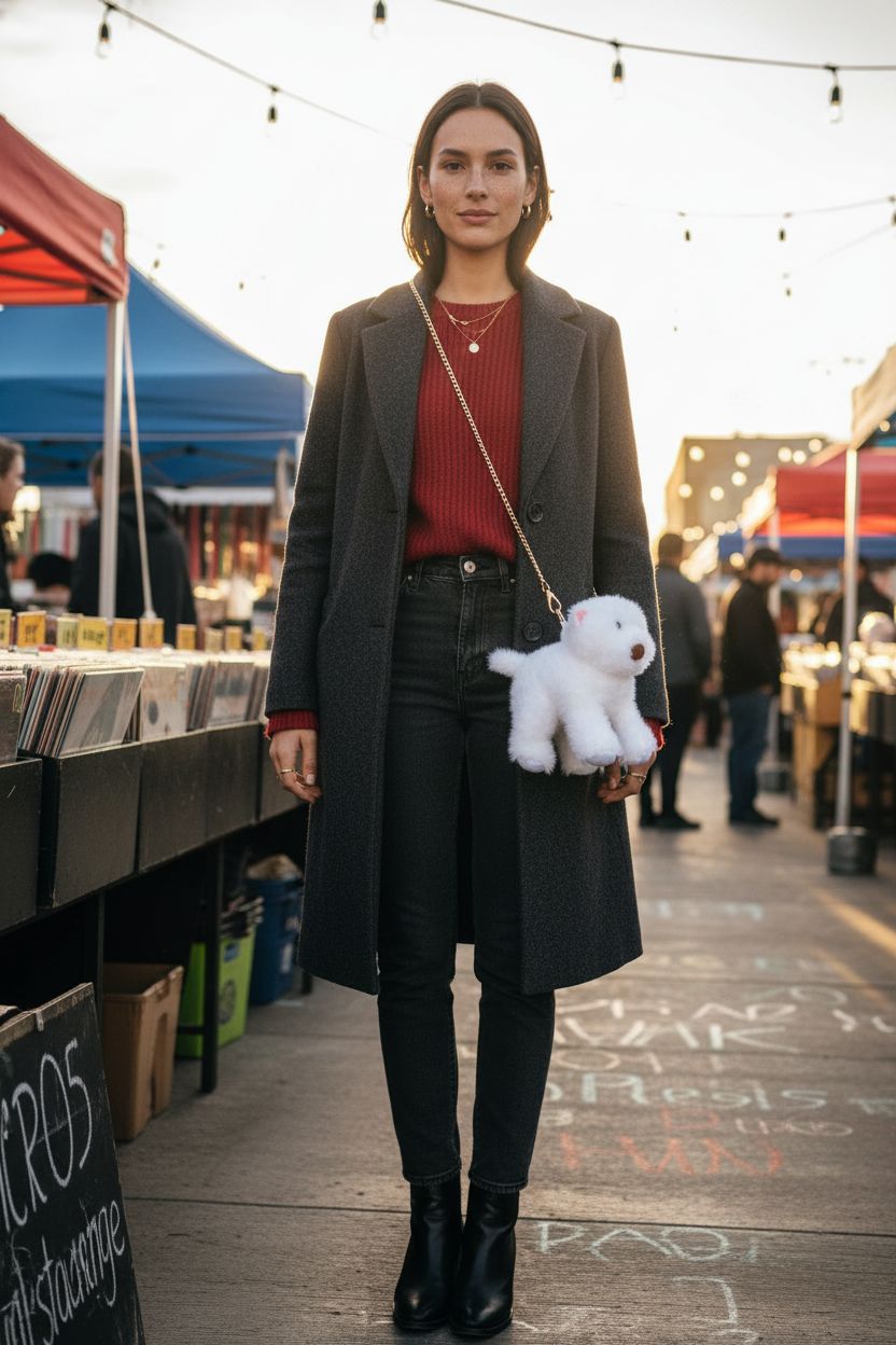 Western Highlands Dog Crossbody Bag in white, styled with a charcoal coat, perfect for street markets.
