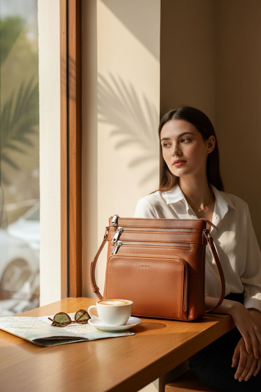 Befen cognac crossbody bag resting on a café table with a cappuccino and travel essentials.