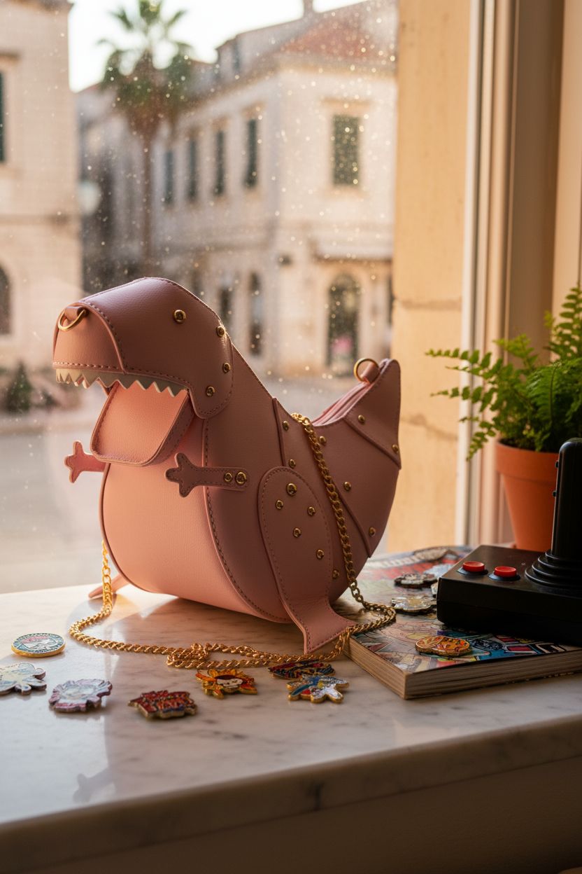 SUKUTU pink dinosaur purse on a marble sill, surrounded by geeky decor.