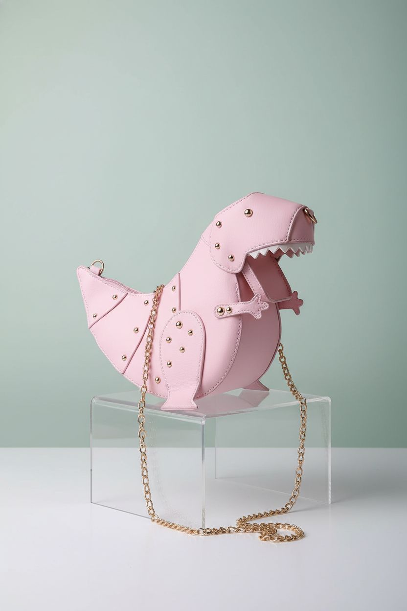 SUKUTU dinosaur purse displayed on an acrylic riser, showcasing its design.